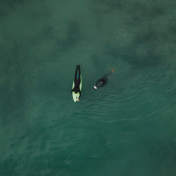 Vue aérienne de deux personnes dans une eau verte, l’une allongée sur une planche, l’autre à côté nageant.
