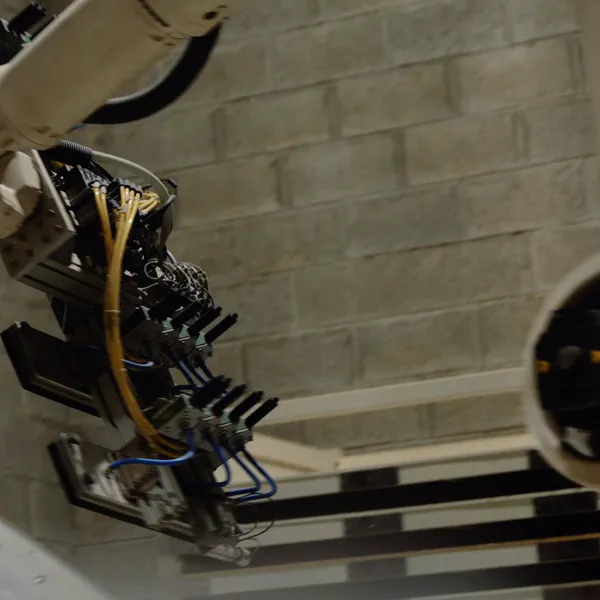 Gros plan sur un bras robotisé multi-broches suspendu près d’un mur en parpaings, câbles bleus et jaunes visibles.