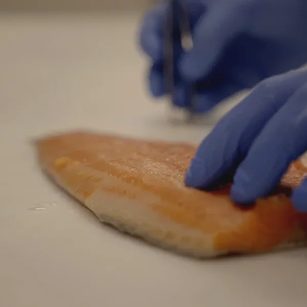Des mains gantées de bleu manipulent un filet de poisson sur une planche, pince à arêtes en arrière-plan.