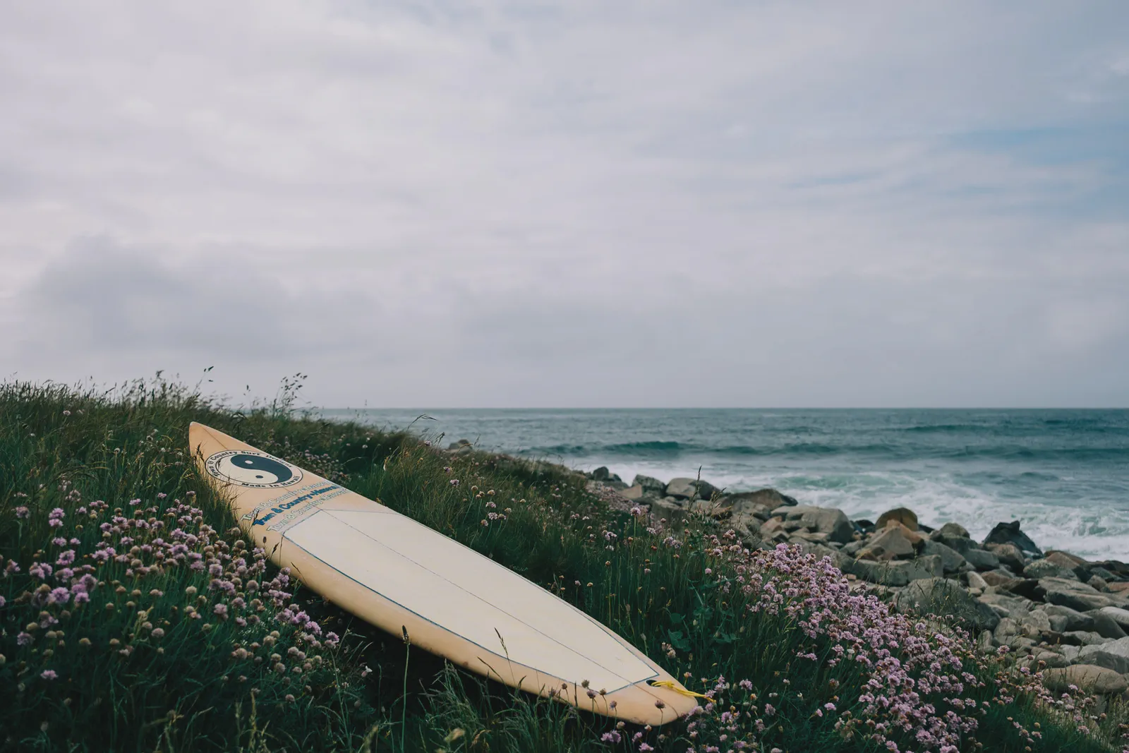Planche de surf des années 80 posée dans l'herbe, juste avant d'aller à l'eau